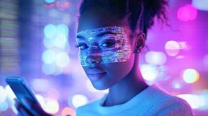 Woman in Futuristic Digital Environment with Holographic Interface Using Smartphone at Night