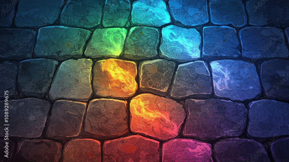 Poster vibrant cobblestones with colorful light effects in a textured pattern ideal for backgrounds and cre