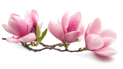 Magnolia flower branch adorned with pink blooms and fresh green leaves, elegantly isolated on a...