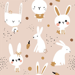 Rabbit bunny hare seamless pattern abstract beige brown white wallpaper background.