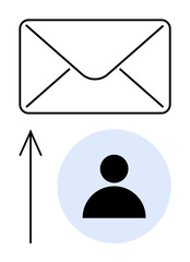 Envelope icon above user icon with upward arrow indicating sending message to person. Ideal for email notifications, messaging apps, user communication, customer contact, marketing emails, mail