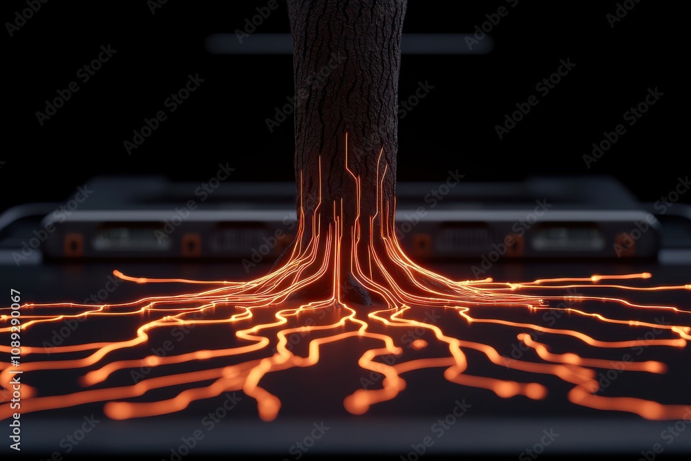 Poster a striking visual of a tree-like structure with glowing orange veins, resembling a network of roots 