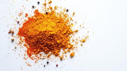 Vibrant heap of golden curry powder with scattered spices on a clean white background, viewed from above, highlighting its rich texture and color.