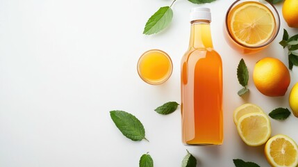 Kombucha bottle with a glass of vibrant beverage surrounded by fresh fruits and lemon balm leaves on a white background from a top-down perspective.