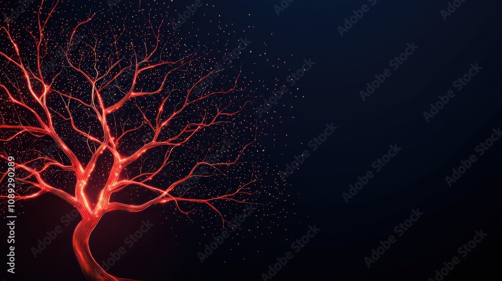 Poster a stylized red tree with intricate branches against a dark background, creating a striking visual co