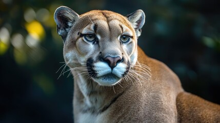 Obraz premium Portrait of a majestic Panther with piercing eyes showcasing strength and elegance against a softly blurred dark background.