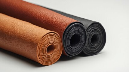 Three rolls of natural leather in brown, tan, and black shades are neatly arranged on light surface, highlighting their texture and sustainable material focus