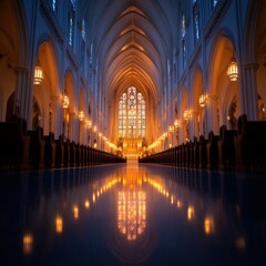 Fototapeta premium stunning interior of a grand cathedral with beautiful stained glass windows and reflective floor