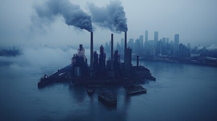 Fototapeta premium Industrial island city smog pollution.