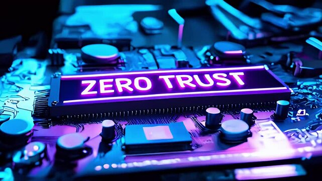Neon sign displaying "Zero Trust" on a circuit board.