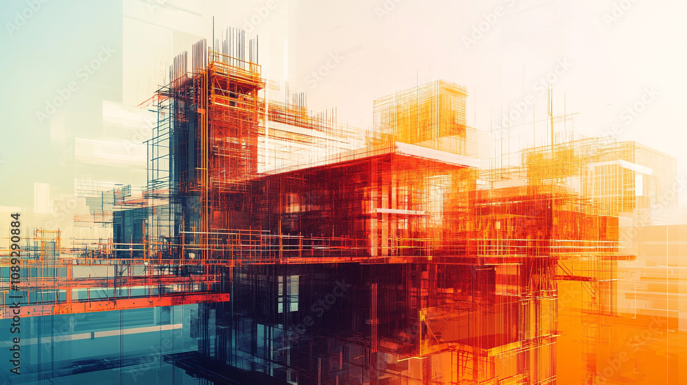 Poster modern architectural structure showcasing vibrant colors and intricate frameworks in urban setting