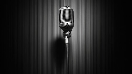 Vintage microphone prominently displayed onstage against a sleek vertical striped backdrop, creating a sophisticated ambiance.