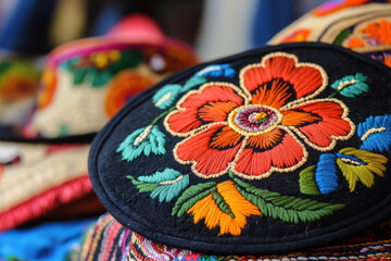Fototapeta premium A close-up of traditional Mexican embroidery featuring a vibrant flower design in red, orange, and blue, displayed on a beautifully crafted hat.
