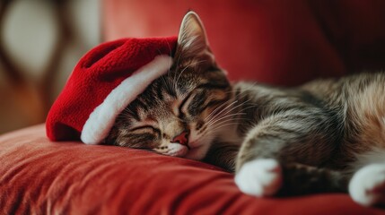 Playful young cat sleeping peacefully on a red chair, wearing a festive Santa hat, showcasing its relaxed expression and cozy atmosphere.