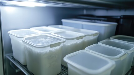 Fototapeta premium Organized leftover containers neatly arranged on refrigerator shelves, showcasing various sizes and contents in a well-lit fridge interior.