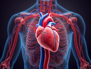 A 3D image of a human heart with a detailed view of its blood vessels and valves.