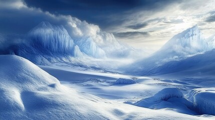 Fototapeta premium Majestic icy glacier landscape showcasing towering glaciers and pristine snowfields under a dramatic cloudy sky in a serene cold environment.