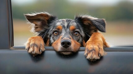 Playful dog with expressive eyes and distinctive fur, resting its paws on a car window while enjoying the view outdoors.