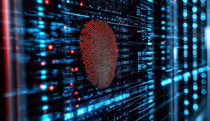 Businessman Fingerprint scan for biometric authentication to unlock security over the blurred data center server room background, Business Technology sceurity Concept