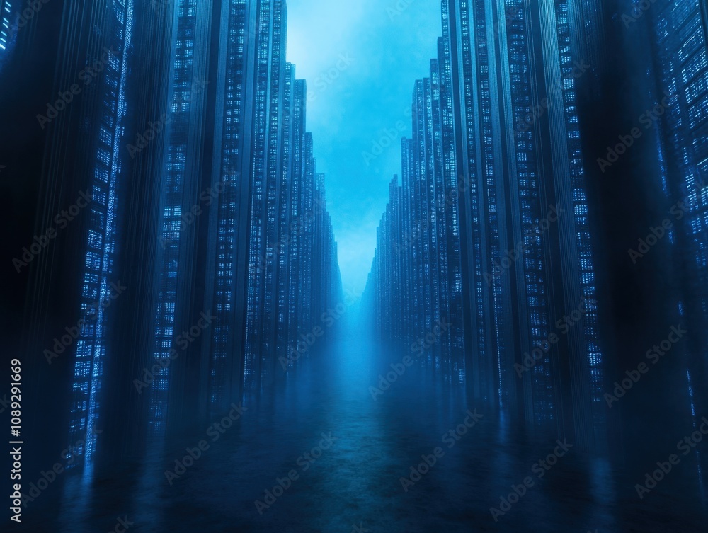 Poster futuristic digital landscape with towering structures and mist