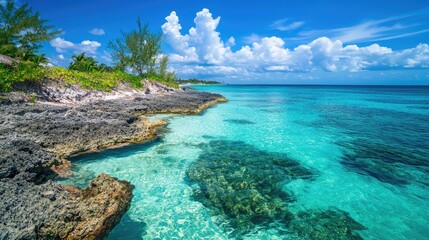 Fototapeta premium Lush turquoise seascape revealing a rocky shoreline with clear waters and vibrant coral reefs, showcasing diverse marine life under a bright sky.