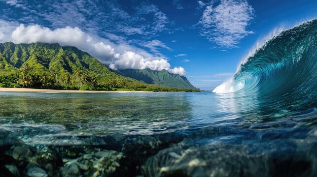 Crystal-clear waters of Teahupoo reflect lush green mountains under a blue sky with clouds, before the iconic waves rise majestically.
