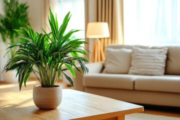 A cozy living room featuring a wooden table with a plant in front of a beige couch and soft lighting.
