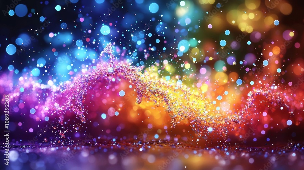 Poster cloud of multicolored particles in the air like sparkles on a dark background with depth of field