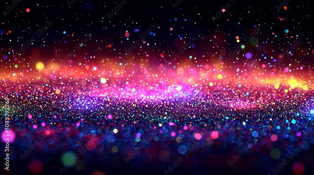 Poster cloud of multicolored particles in the air like sparkles on a dark background with depth of field