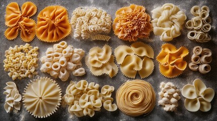Fototapeta premium Assortment of pasta types featuring diverse shapes, textures, and colors arranged artistically on a textured surface.
