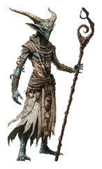 Fototapeta premium PNG Horned creature in ancient garb with staff