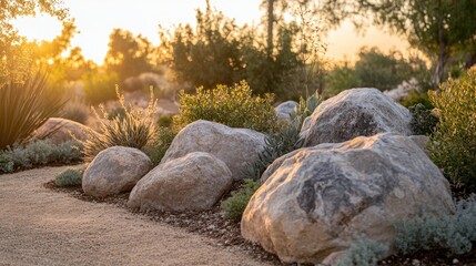 Rocks surrounded by lush green bushes during sunset, showcasing a serene landscape with warm sunlight transitioning to soothing dusk tones.