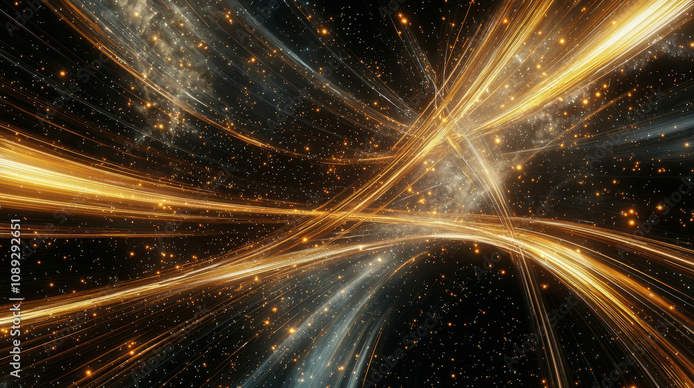 Poster stunning abstract space background with dynamic light trails and galactic elements, evoking a sense 
