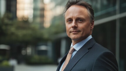 Confident mature executive in a tailored suit, with a focused expression, standing outdoors in an urban setting surrounded by greenery and modern architecture.