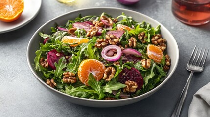 Vibrant salad with beets, orange slices, arugula, lamb lettuce, red onion, walnuts, and tangerine on a gray table, showcasing a healthy vegan dish.