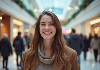beautiful young woman smiles shopping large indoor mall filled people