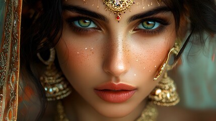 Obraz premium Close-up portrait of bride in traditional South Asian attire with intricate jewelry. Concept of beauty.
