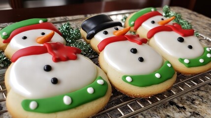 Adorable snowman cookies decorated with vibrant icing in festive colors, featuring classic winter accessories on a cooling rack.