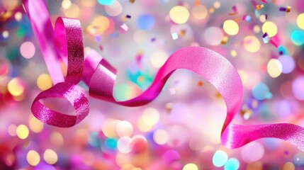 Colorful celebration with pink party ribbons and shimmering confetti against a backdrop of bright bokeh lights, radiating joy and festivity
