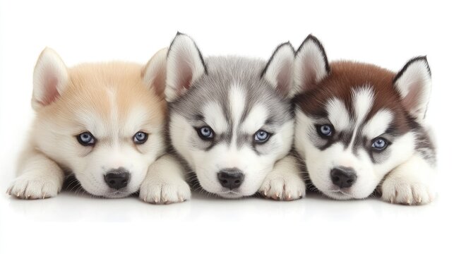 Three adorable purebred Siberian Husky puppies with distinctive fur colors resting together against a clean white background.