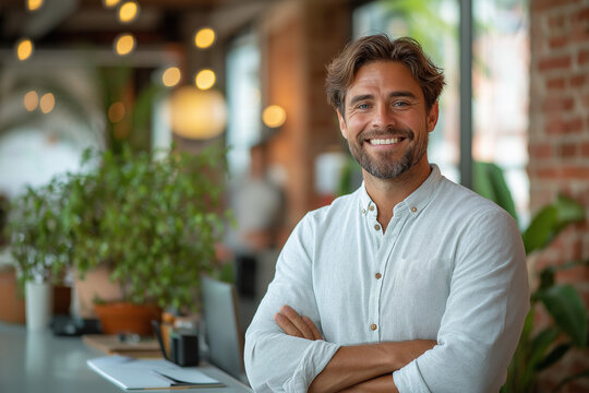portrait homme souriant, professionnel, employ&eacute;, travailleur, confiant, entreprise, business, affaires