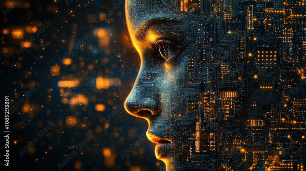 Aufkleber a digital representation of a human face merged with circuitry, symbolizing the intersection of tech