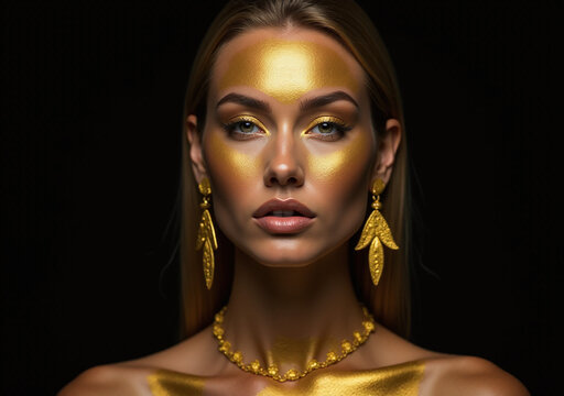 gold model features beauty golden makeup hair jewelry black background