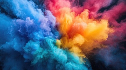 Naklejka premium Dynamic burst of colorful powder clouds in vivid shades of blue, pink, orange, and yellow against a dark background.