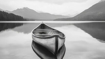 Serene black and white landscape of a still wooden canoe on a tranquil lake, reflecting surrounding mountains and trees in calm water.