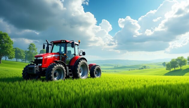 Vibrant Digital Landscape with Red Tractor in Green Field and Hills