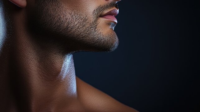 Muscular jawline and neck of a man emphasizing natural contours against a dark background, perfect for overlaying additional text or graphics