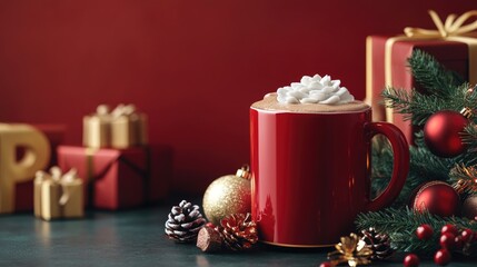 Festive holiday scene with a red mug of hot chocolate topped with whipped cream, eco-friendly gift packaging, ornamental golden numbers, and cheerful decorations.