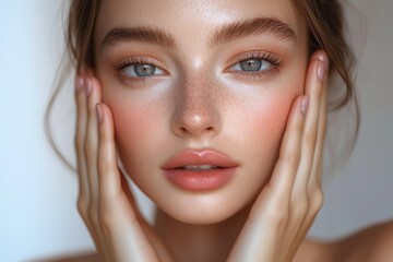 Obraz premium A close-up of a woman with flawless, radiant skin, gently touching her face with both hands