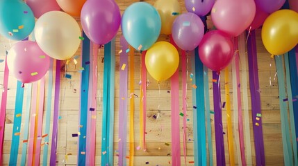Colorful party decorations with assorted balloons, vibrant streamers, and sparkling confetti set against a rustic wooden backdrop.